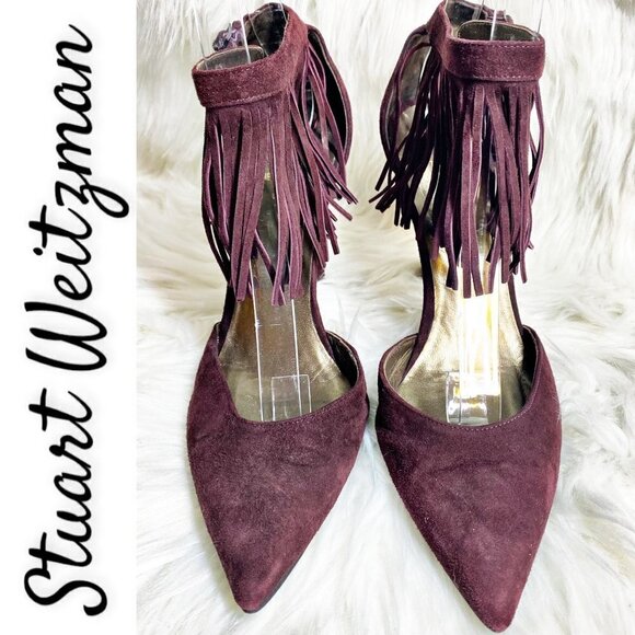 STUART WEITZMAN Fringelica Currant Suede D'Orsay Ankle Fringe Stilettos Size 7.5 - Picture 4 of 12